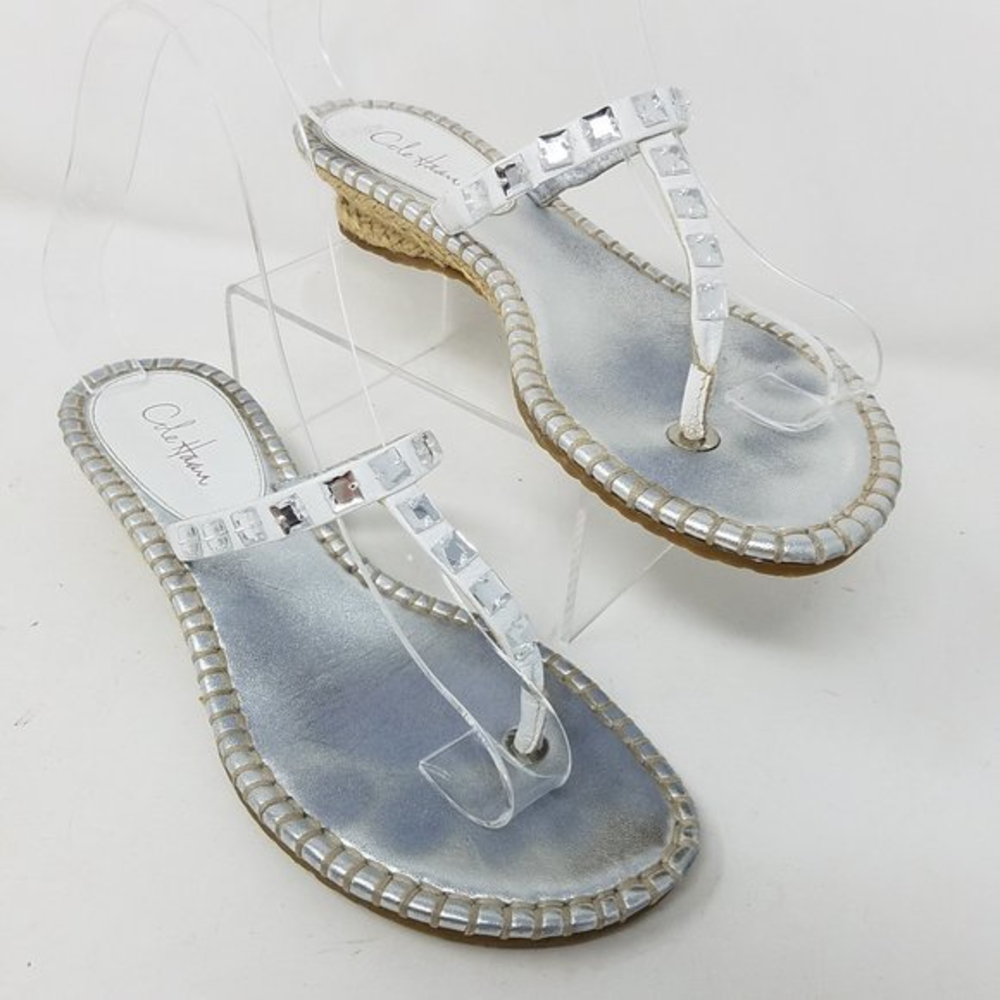 Cole Haan Silver Sparkle‎ Leather Bejeweled thong wedge sandals 5.5B